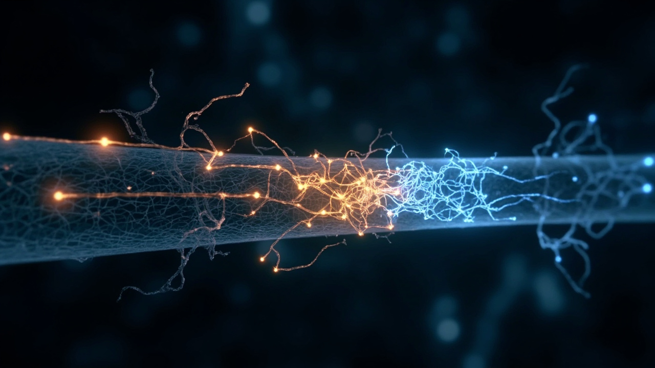Ilustración editorial de una fibra nerviosa con estructuras moleculares luminosas.
