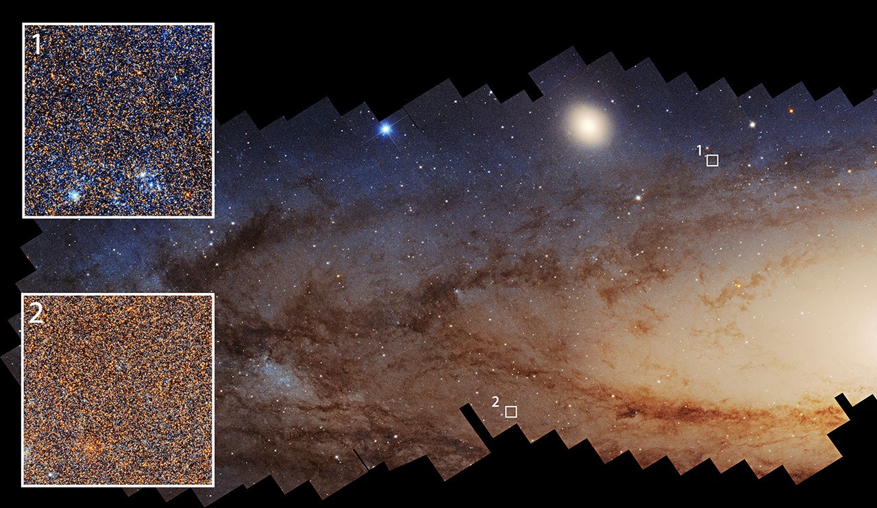 Vista parcial de la galaxia de Andrómeda, con su núcleo brillante, bandas oscuras de polvo y dos regiones ampliadas donde se distinguen zonas con distinta actividad de formación estelar.