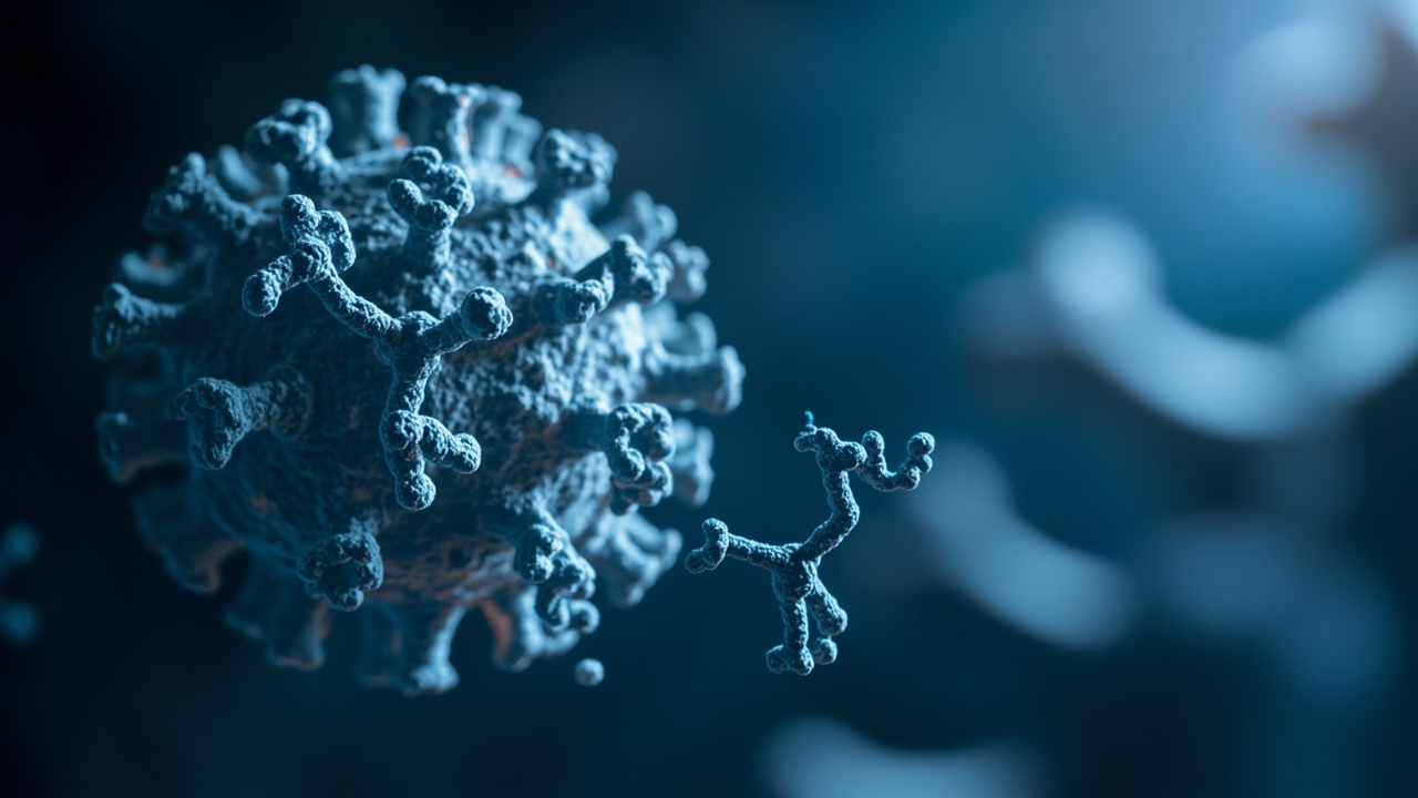 Ilustración generada por IA de anticuerpos junto a la proteína de la espícula de un coronavirus.