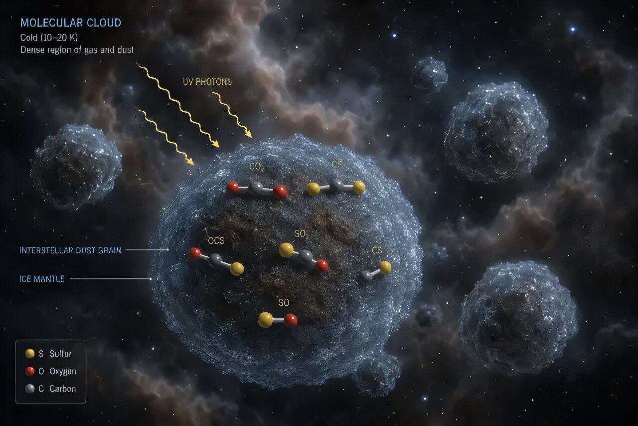 Ilustración de compuestos con azufre sobre hielo interestelar irradiado por luz ultravioleta para representar la química qué ocurre en nubes moleculares frías.