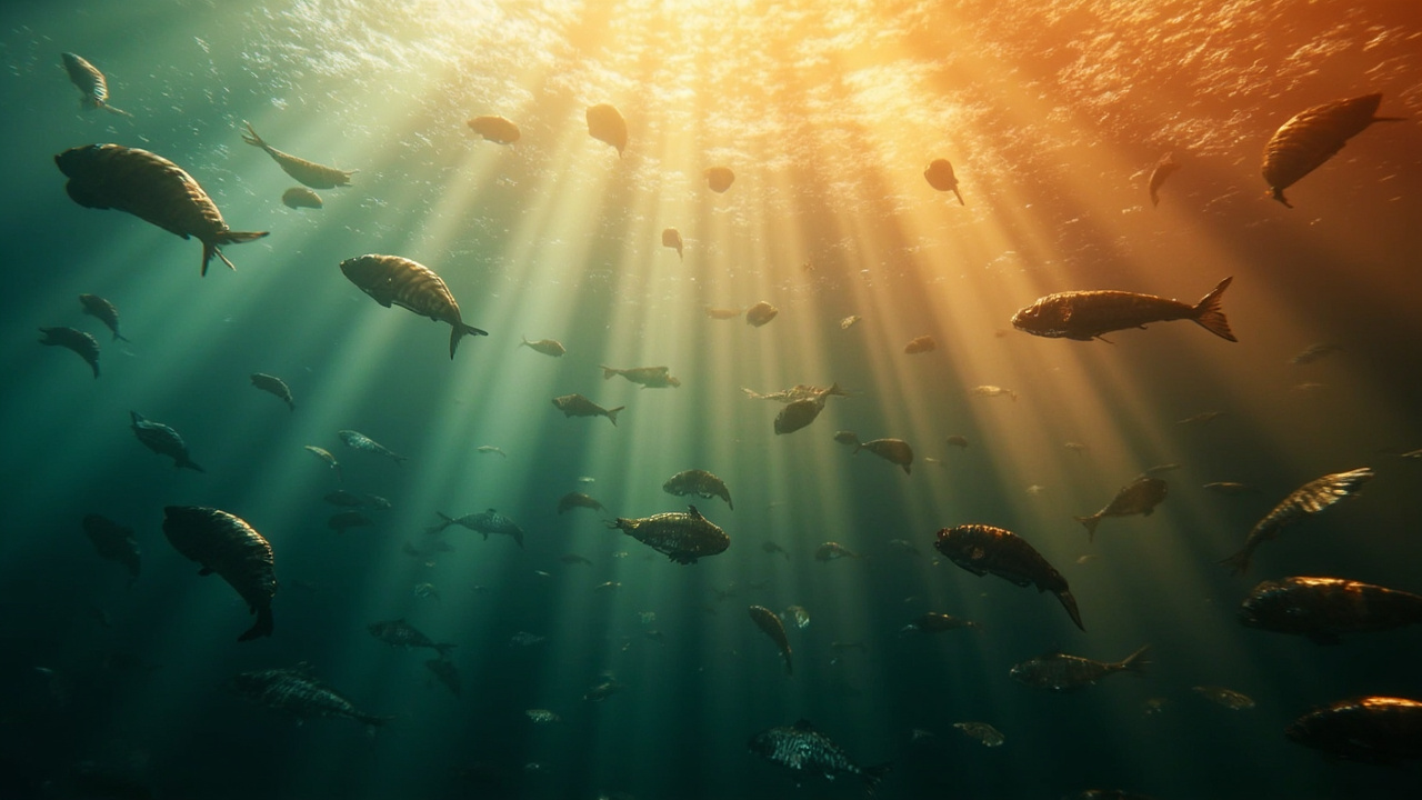 Imagen editorial generada por IA sobre El calentamiento encoge a los animales marinos desde hace cientos de millones de años.