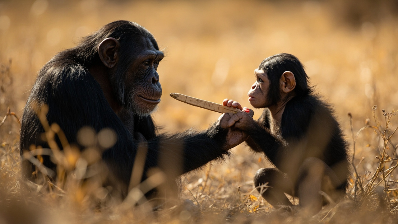 Ilustración editorial de un chimpancé adulto ofreciendo una varilla a una cría en una sabana, en alusión al aprendizaje del uso de herramientas.