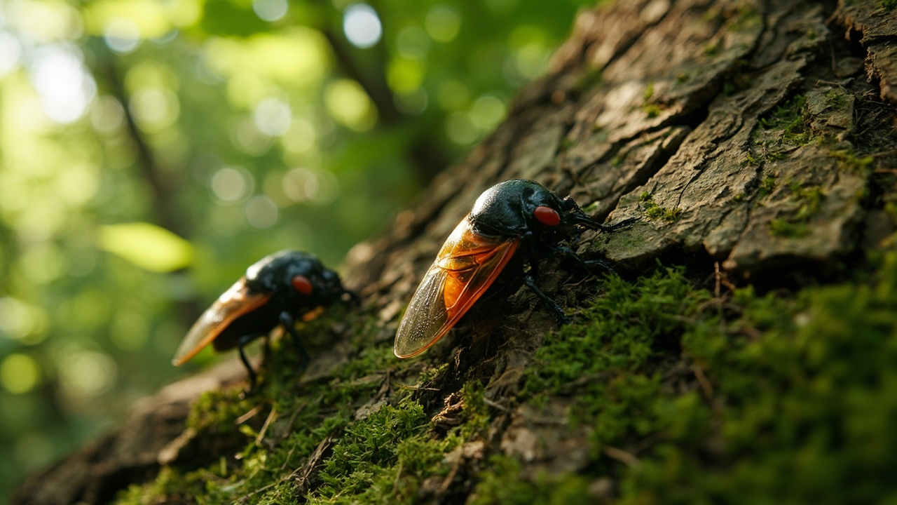Imagen editorial generada por IA sobre Las cigarras periódicas arrastran un siglo de pérdida de bosques.