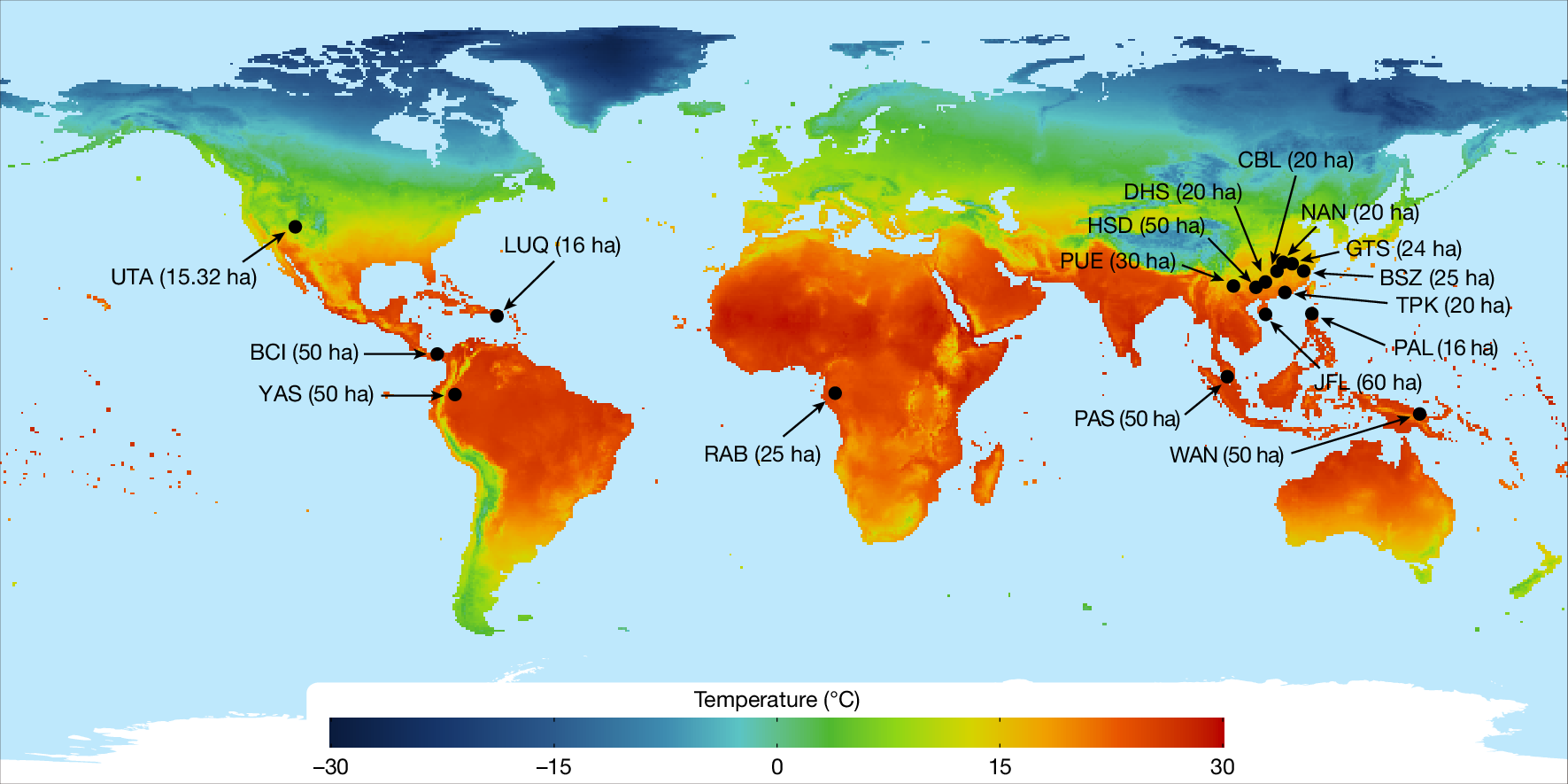 Mapa con parcelas forestales de varias regiones del mundo y un gráfico que resume cómo cambia la importancia relativa de las interacciones entre árboles según la latitud.