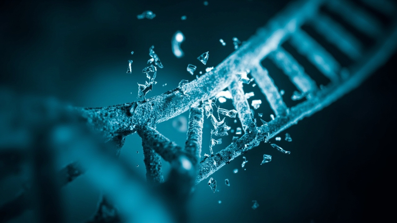 Imagen editorial generada por IA sobre Una variante de CRISPR destruye células cancerosas al triturar su ADN.
