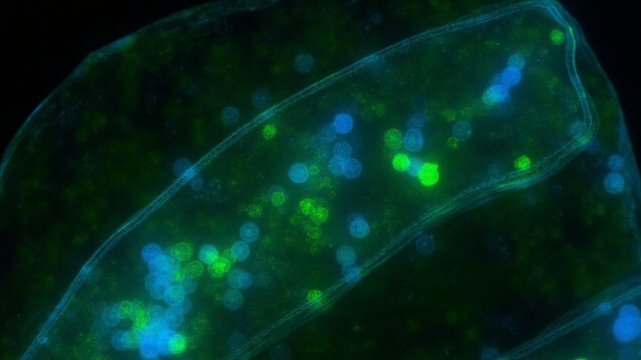 Ilustración generada de células vegetales con señales fluorescentes verdes y azules.