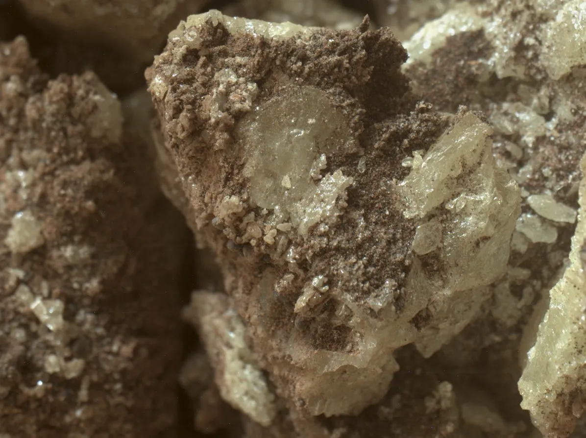 Primer plano de cristales de azufre dentro de una roca marciana rota, fotografiados por el rover Curiosity.