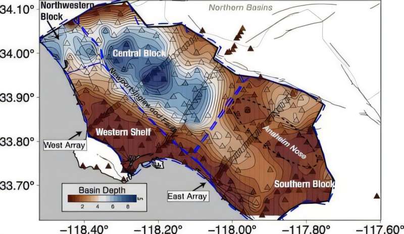 Visualización geológica de la cuenca de Los Ángeles que muestra capas profundas de sedimentos bajo zonas urbanas del sur de California.