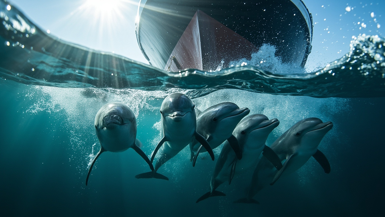 Imagen editorial generada por IA sobre Los delfines del Adriático parecen depender cada vez más de los arrastreros para comer.