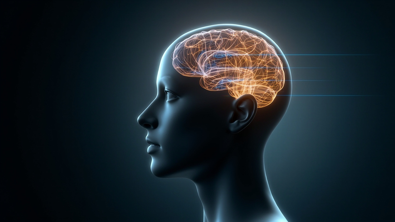 Ilustración editorial de perfil de una persona con un cerebro iluminado por líneas anaranjadas.