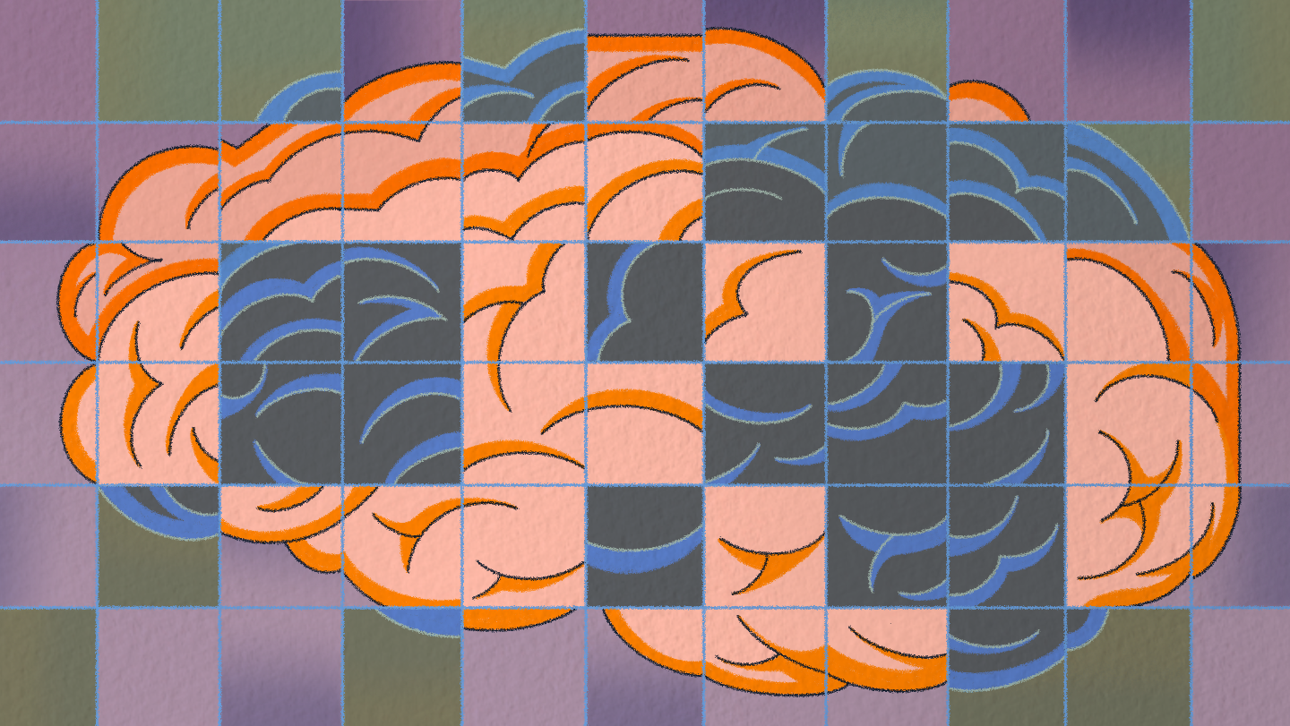 Ilustración de un cerebro con patrón cuadriculado usada para acompañar una nota sobre genética y fibromialgia.
