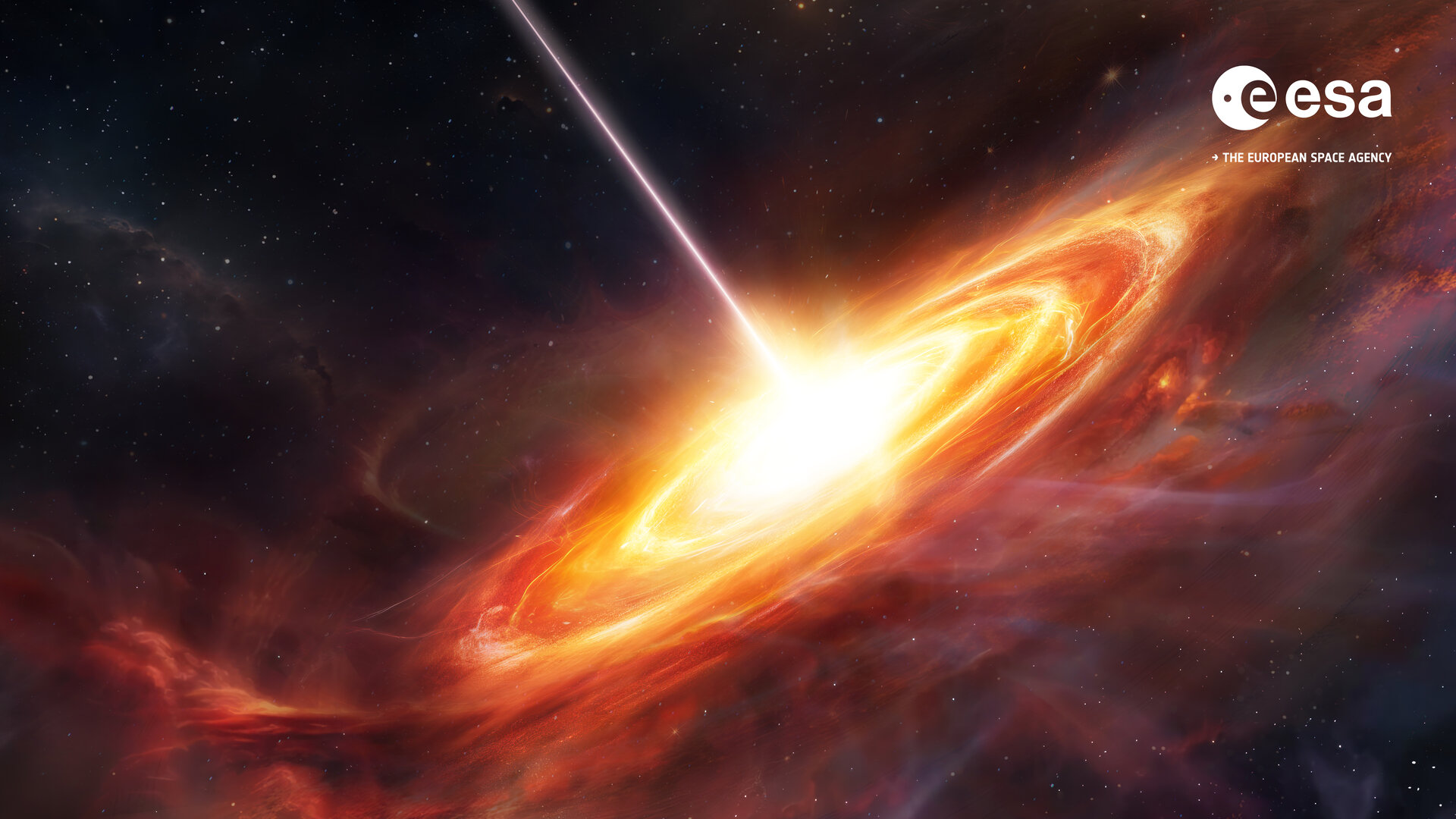 Ilustración artística de un cuásar muy temprano rodeado de gas en el universo primitivo.