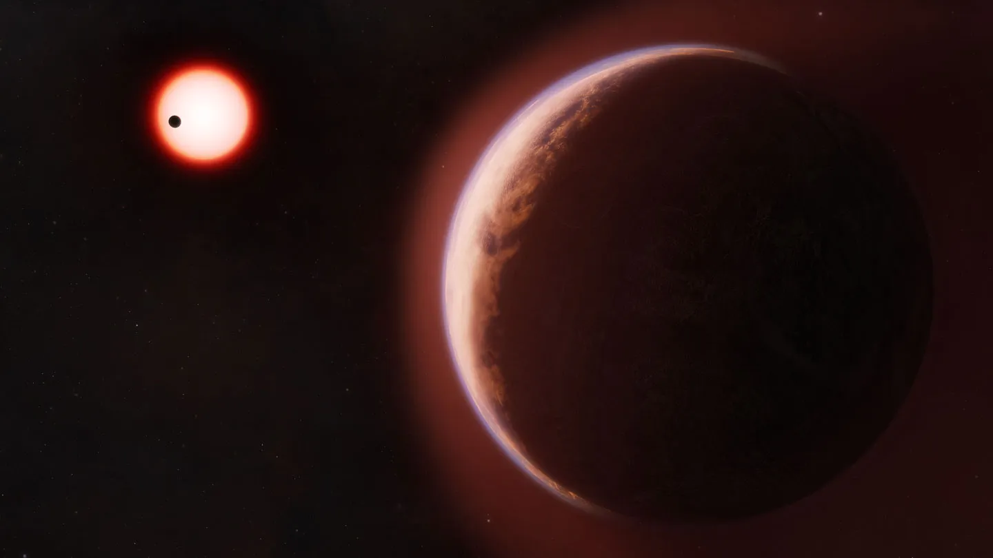 Ilustración de un exoplaneta rocoso en primer plano con una fina atmósfera, orbitando una estrella roja tenue.