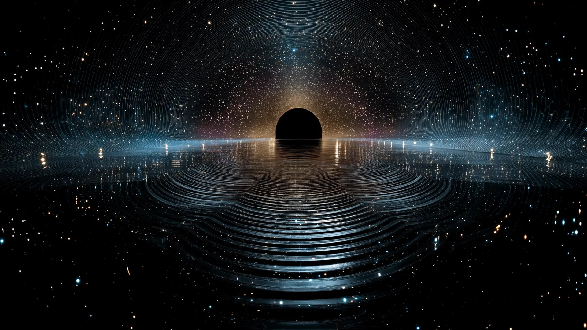 Ilustración abstracta de ondulaciones oscuras y líneas luminosas, usada por ScienceDaily para representar posibles fluctuaciones del espacio-tiempo.