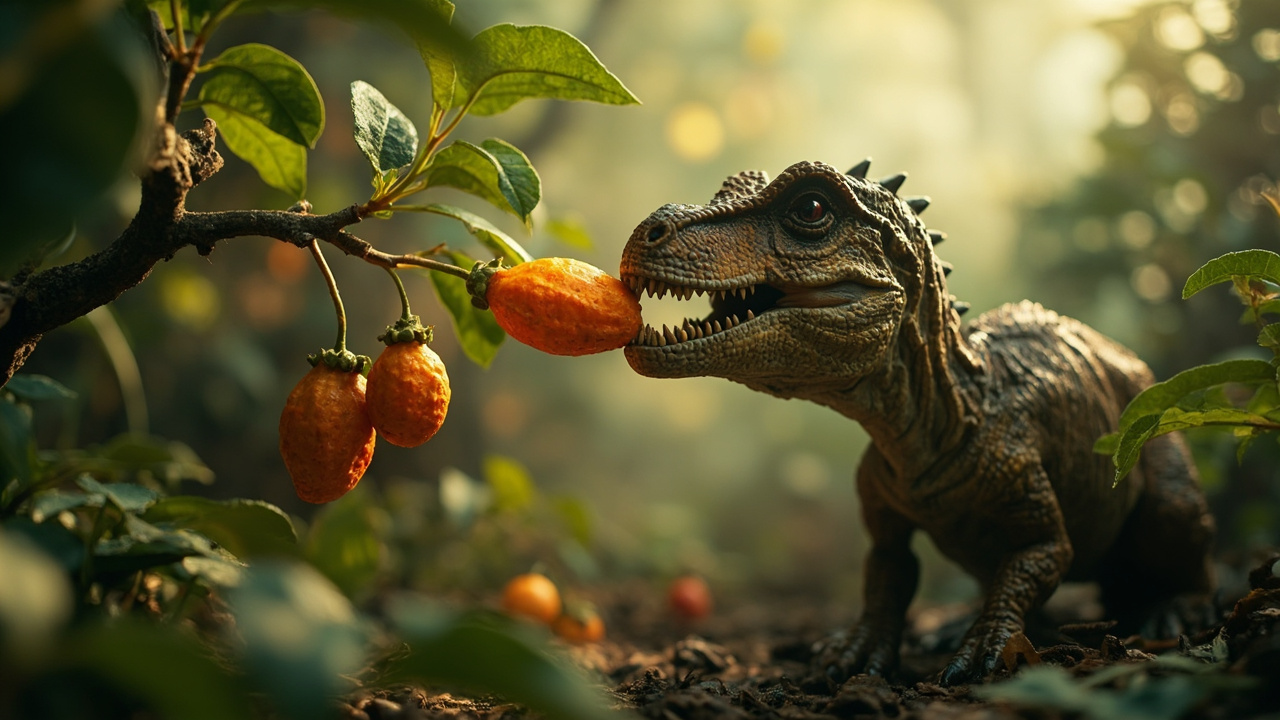 Imagen editorial generada por IA sobre Fósiles sugieren que algunos dinosaurios ayudaban a dispersar semillas de plantas con flores.