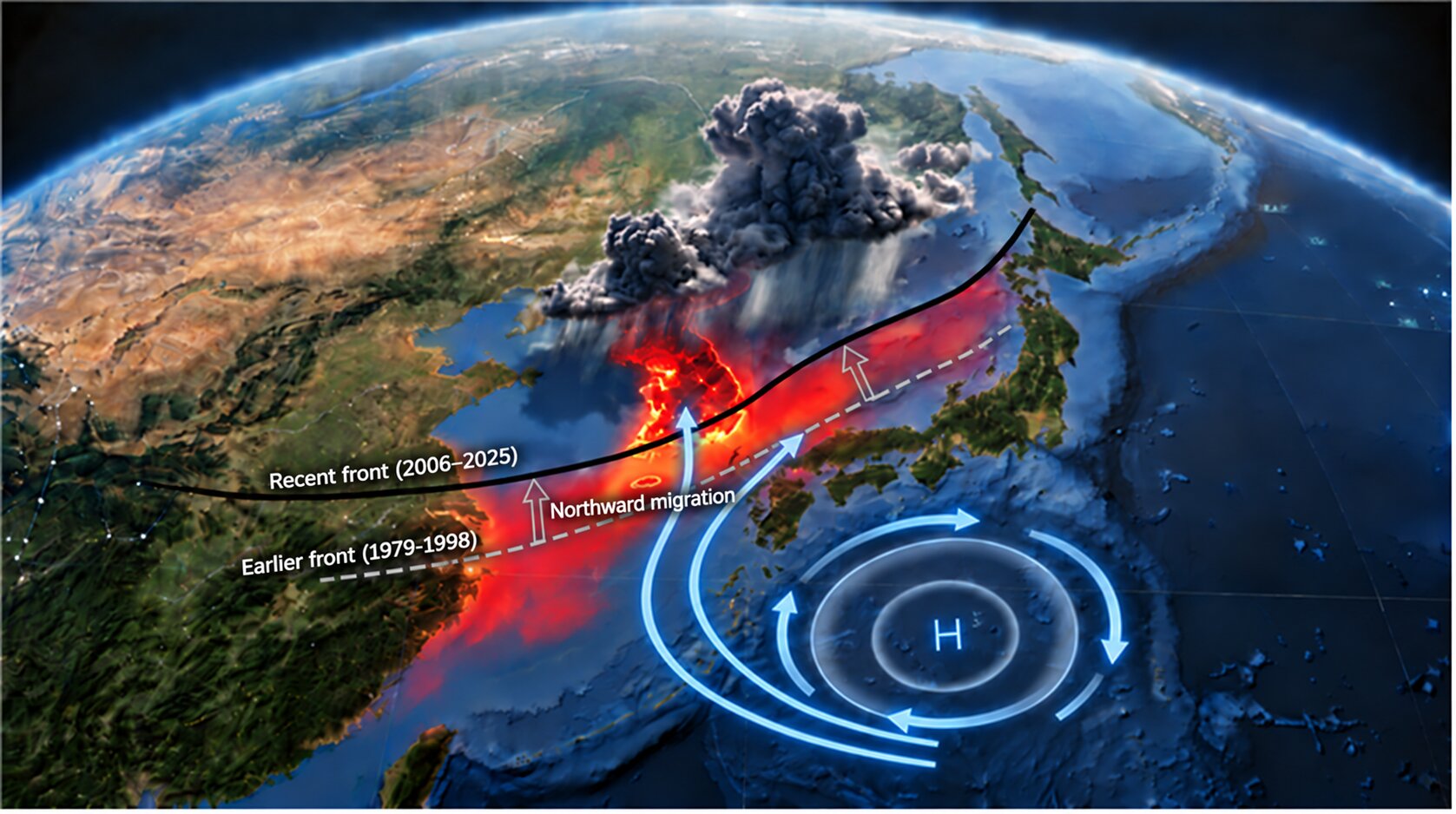Diagrama de Asia oriental que muestra el desplazamiento reciente hacia el norte del frente estival de lluvias y la circulación atmosférica asociada.