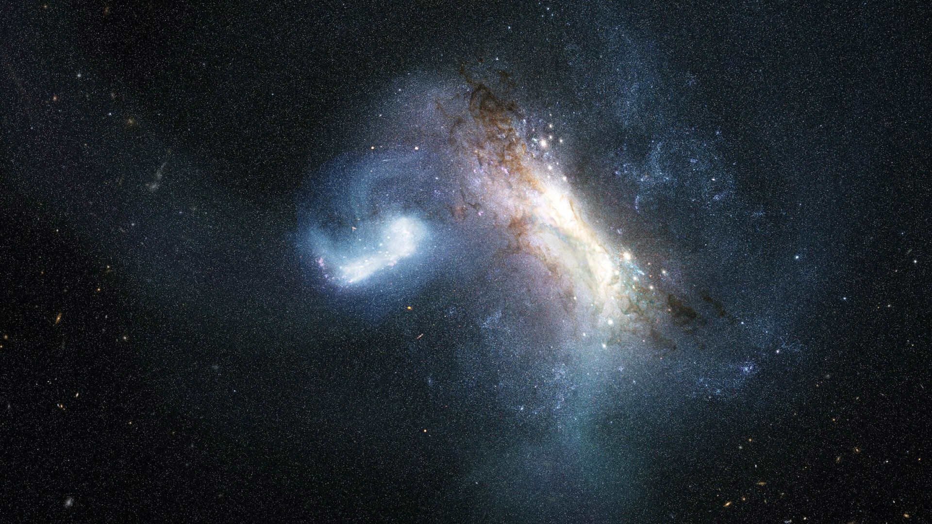 Ilustración artística de una galaxia enana acercándose a la Vía Láctea joven durante una fusión temprana.