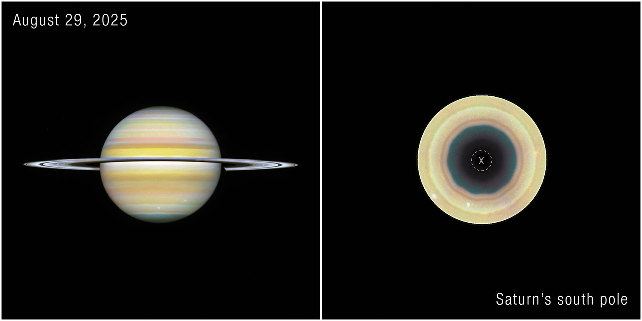 Vista del polo sur de Saturno con bandas atmosféricas concéntricas y una onda de diez lados alrededor de la región central oscura.