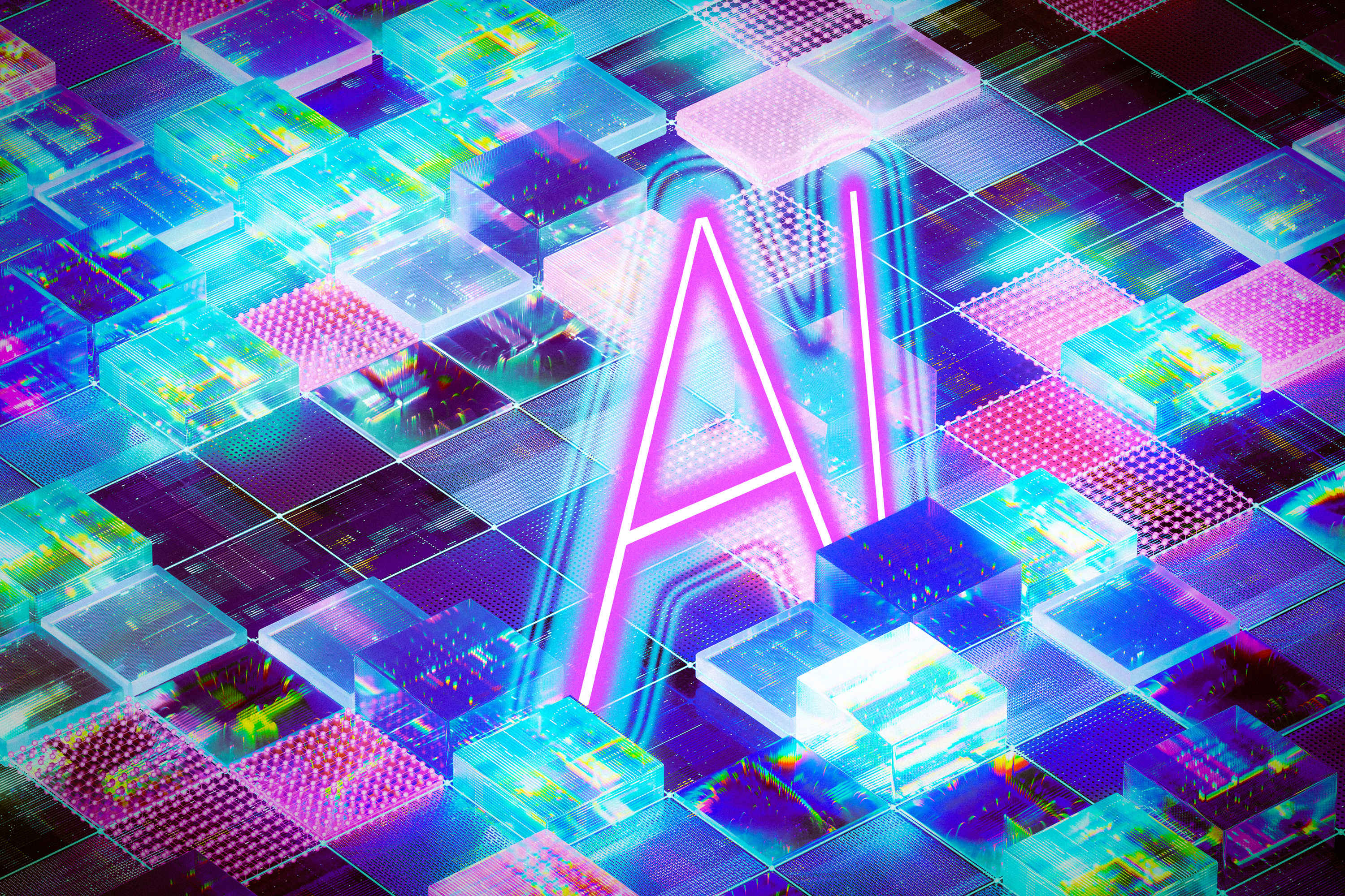 Ilustración de las letras AI sobre una cuadrícula luminosa, usada por MIT para representar el diseño computacional de materiales.