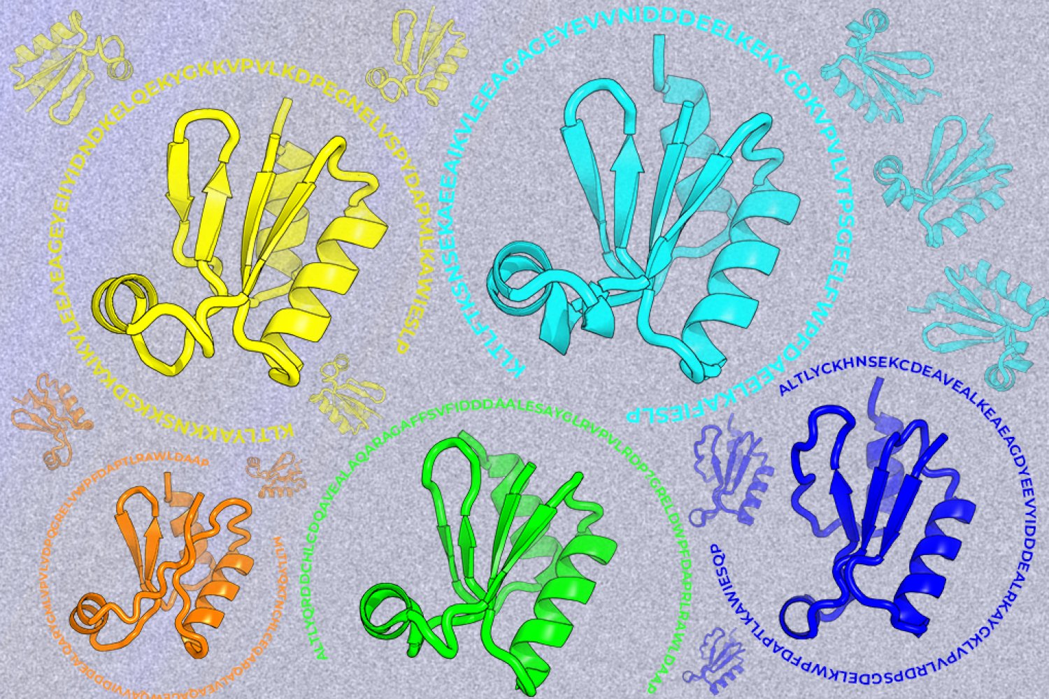 Diagramas de varias estructuras de proteínas comparan una proteína natural con diseños generados por IA.