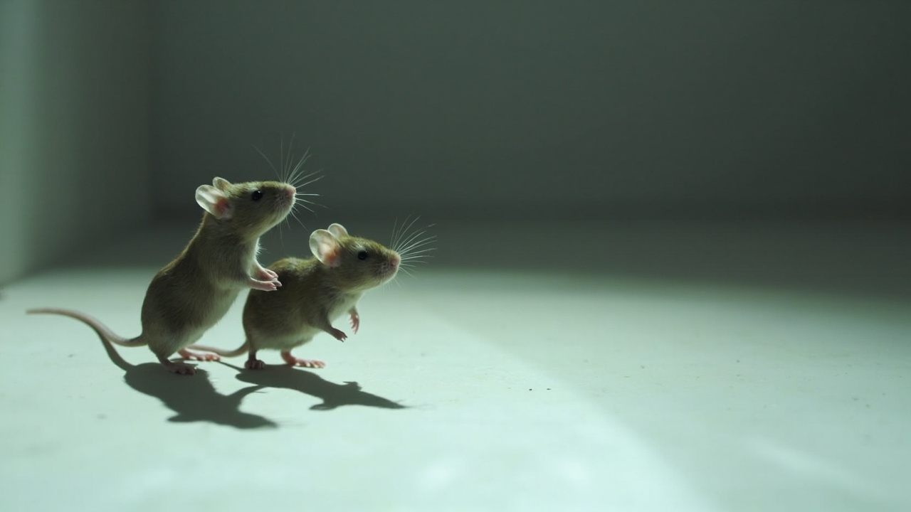 Dos ratones en un recinto de laboratorio, una imagen editorial sobre conducta defensiva y jerarquía social.