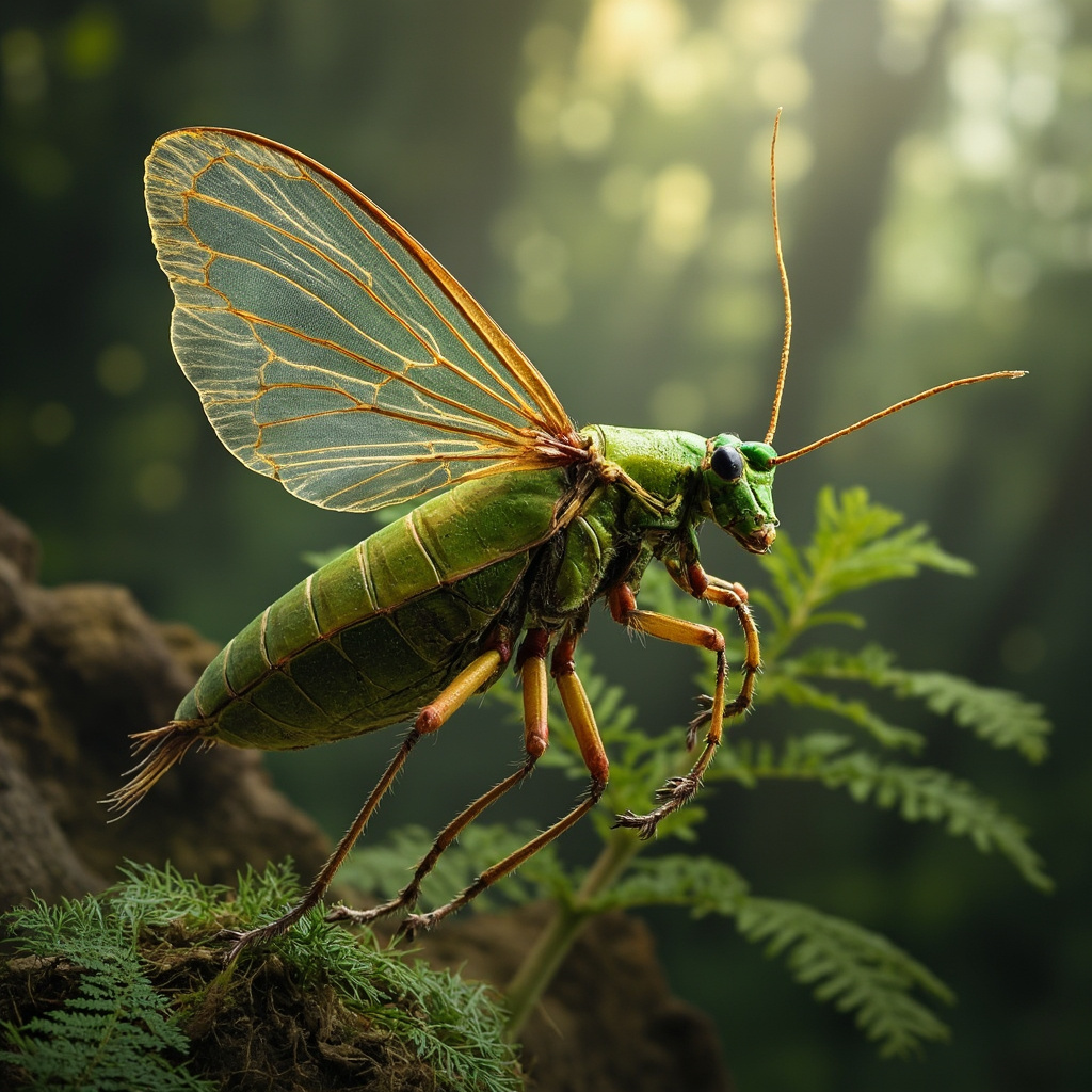 Representación artística de un insecto katydid del Jurásico produciendo sonido con sus alas