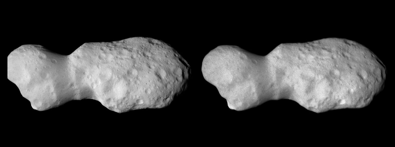 Dos vistas en escala de grises del asteroide Donaldjohanson tomadas por la sonda Lucy durante su aproximación.