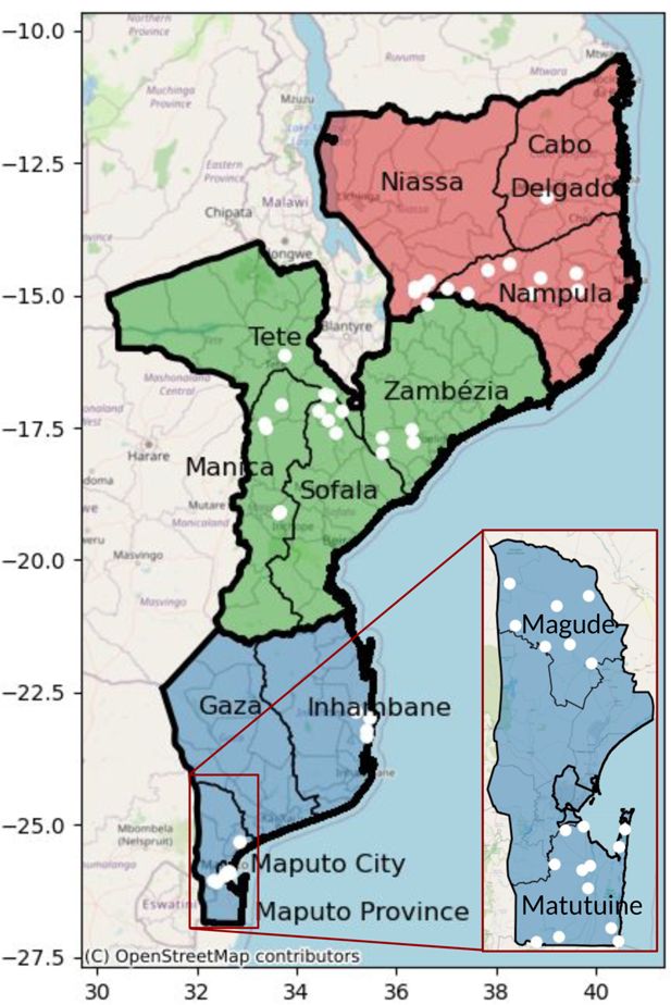 Mapa de Mozambique con conexiones de viaje desde el sur del país hacia otras provincias, con Inhambane destacada como destino frecuente.