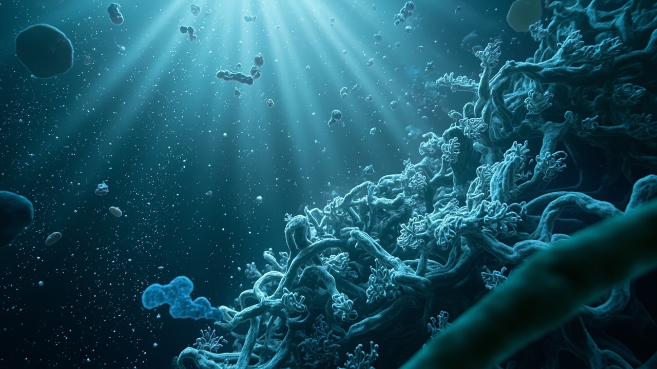 Imagen editorial generada por IA sobre Microbios cooperan para desarmar azúcares de algas clave en el carbono oceánico.