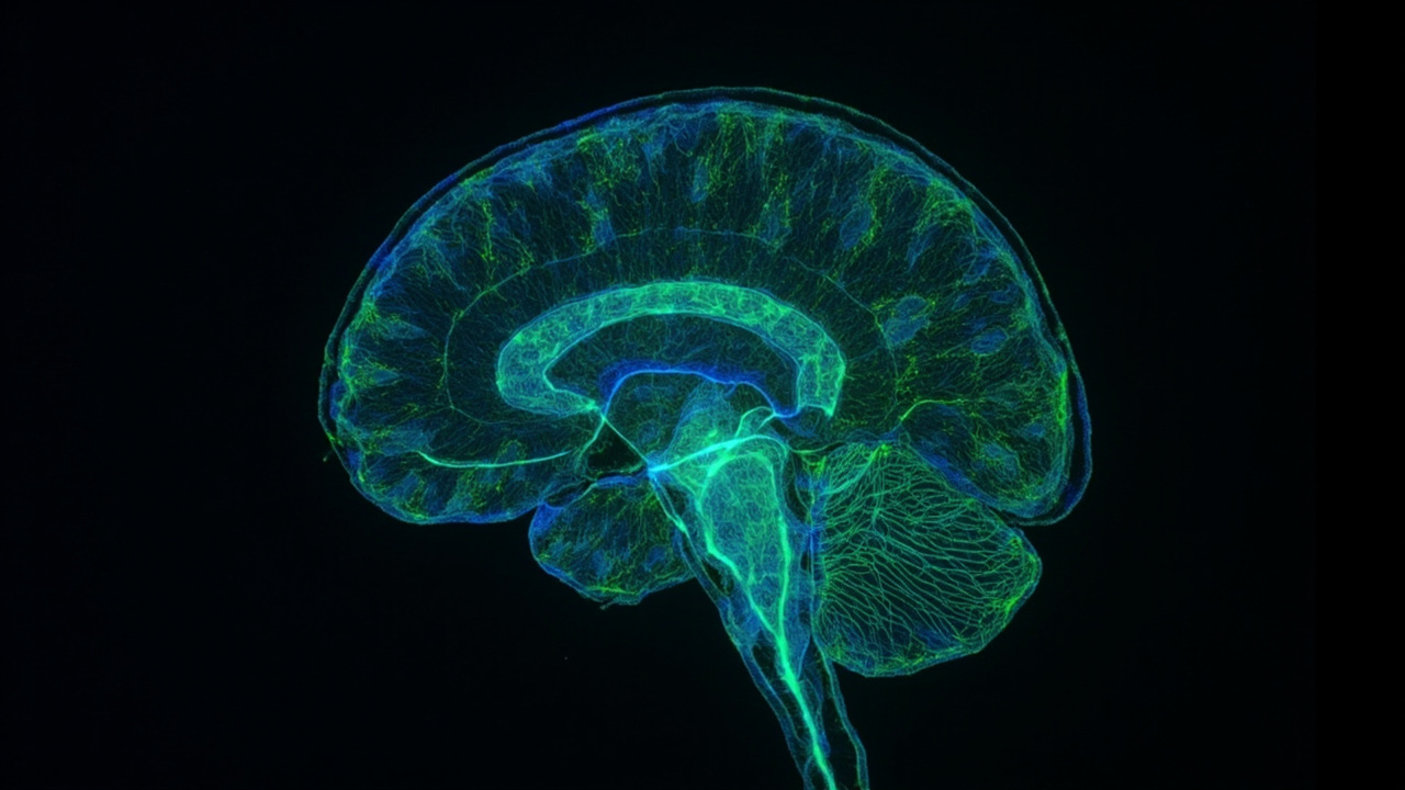 Ilustración de un corte sagital del cerebro de un ratón, con estructuras neurales en verde y azul.