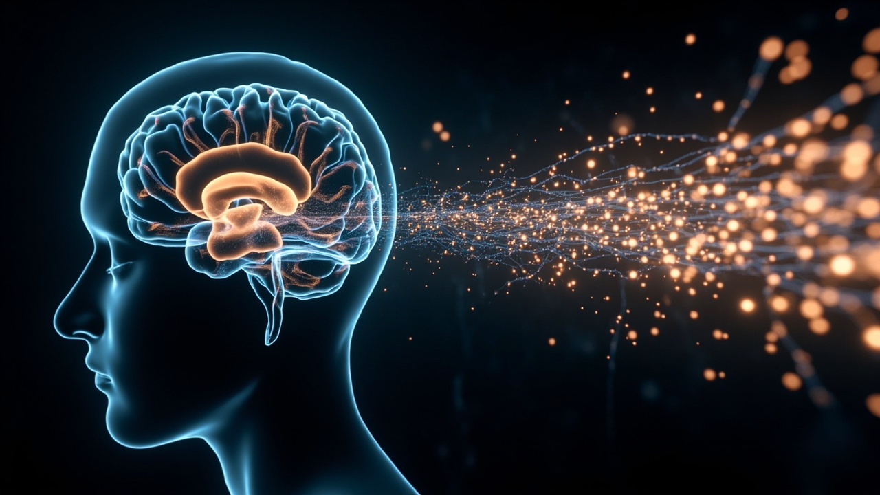 Ilustración editorial generada de un perfil humano con un cerebro luminoso y líneas abstractas que representan el procesamiento del lenguaje.