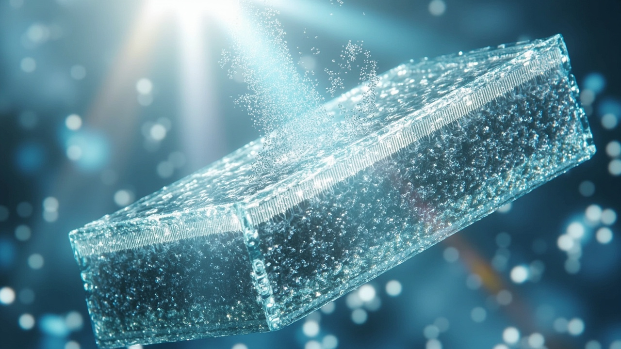 Imagen editorial generada por IA sobre Un nano-biohíbrido usa luz solar, aire y agua para producir peróxido de hidrógeno.