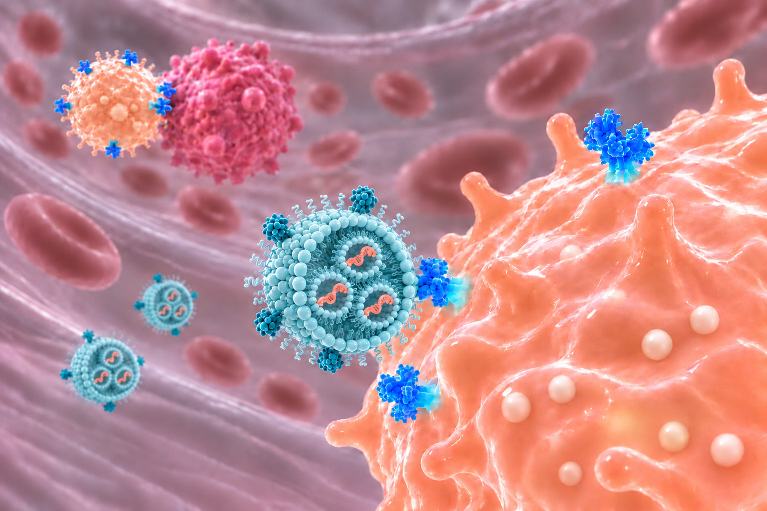 Ilustración de nanopartículas lipídicas que entregan ARN mensajero a células NK dentro del organismo.