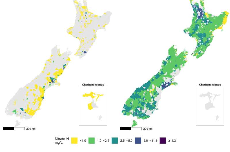 Mapa o visualización sobre exposición a nitrato en agua potable, usado para ilustrar un estudio poblacional sobre embarazo y salud ambiental.