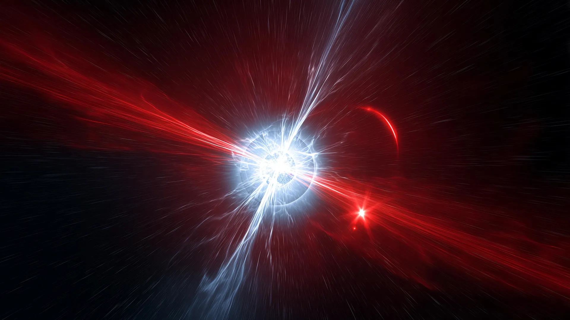 Ilustración de una enana blanca absorbiendo material de una estrella roja vecina en un sistema binario compacto