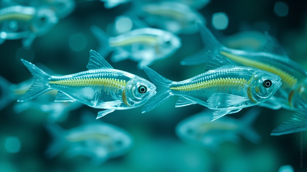 Imagen editorial generada por IA sobre Los peces de vidrio se sincronizan copiando a un solo vecino, no al grupo entero.