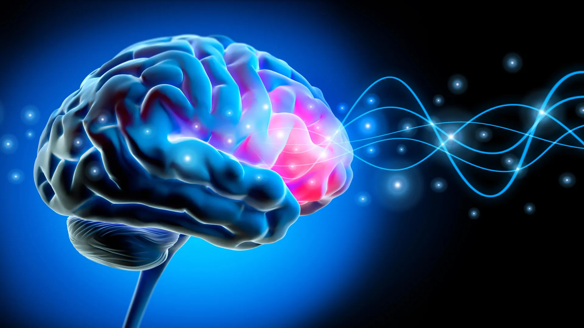 Ilustración de actividad cerebral con ondas y conexiones neuronales usada para representar la estimulación cerebral profunda en párkinson.