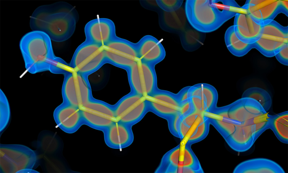 Mapa de densidad electrónica alrededor de la proteína rubredoxina, con zonas de distinta intensidad de color