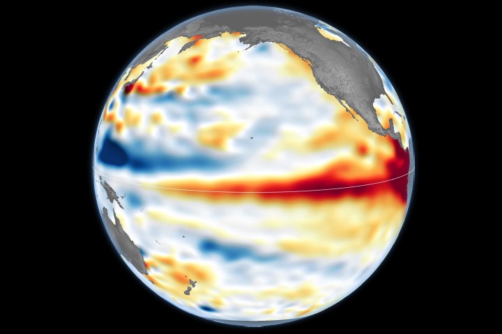 Mapa del océano Pacífico con franjas rojas que muestran niveles del mar más altos de lo normal en la franja ecuatorial.