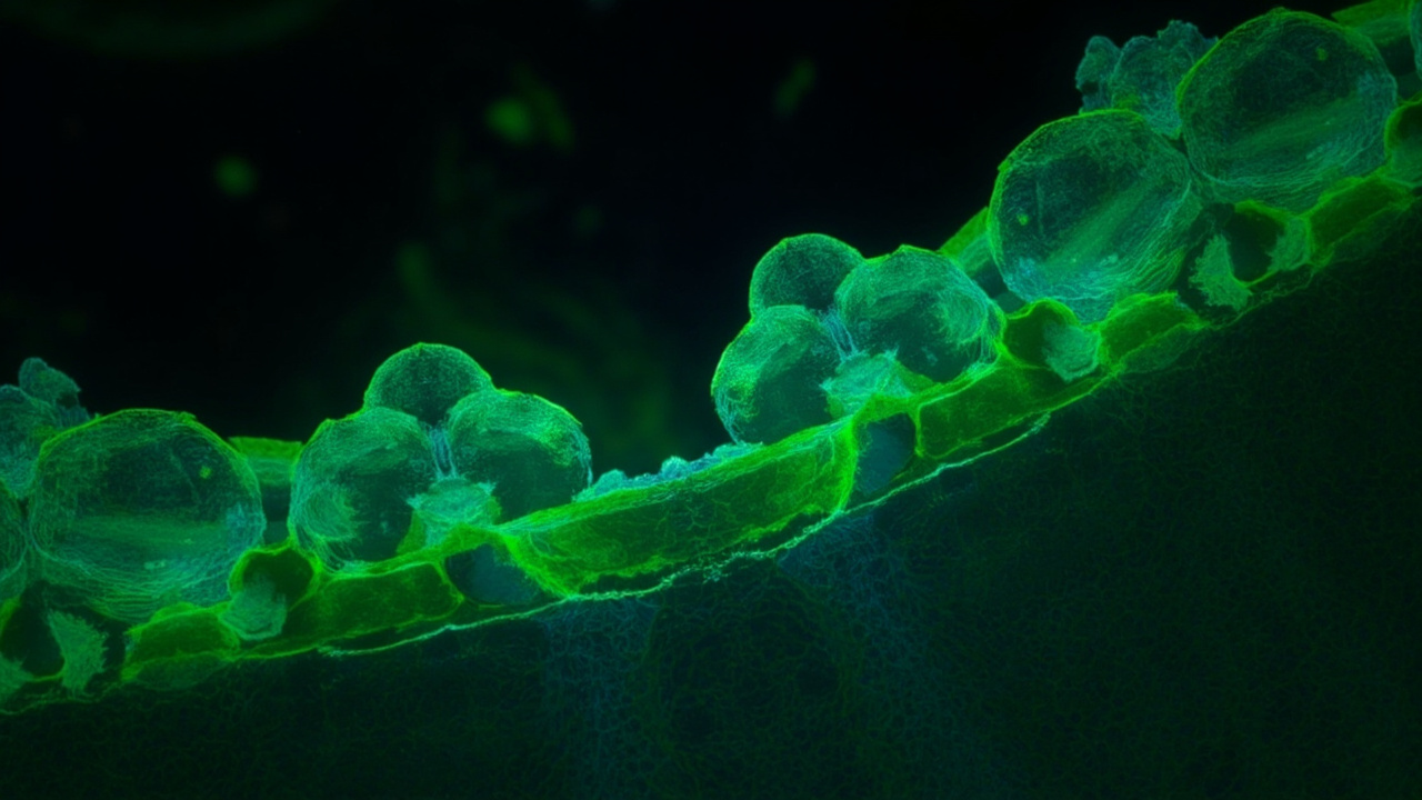 Ilustración editorial de células que se fusionan cerca de una herida en el epitelio de una pupa de Drosophila.