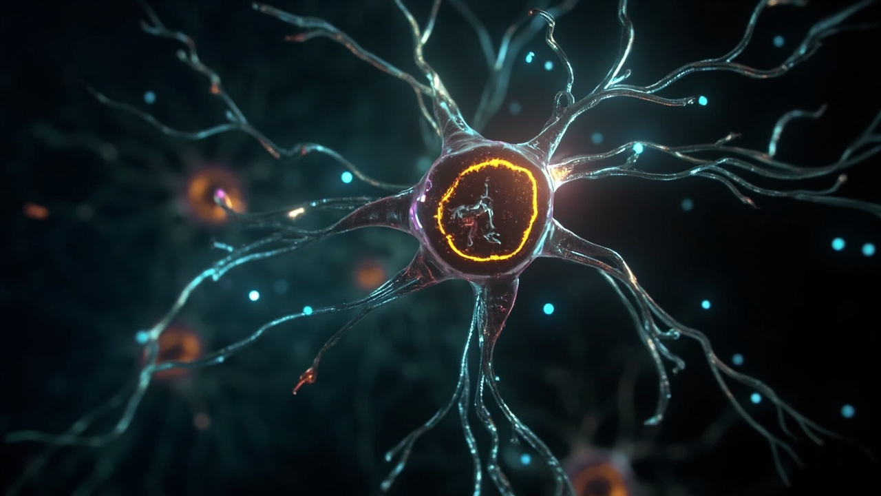 Ilustración editorial de una neurona con una estructura luminosa en su interior, en referencia al metabolismo celular.