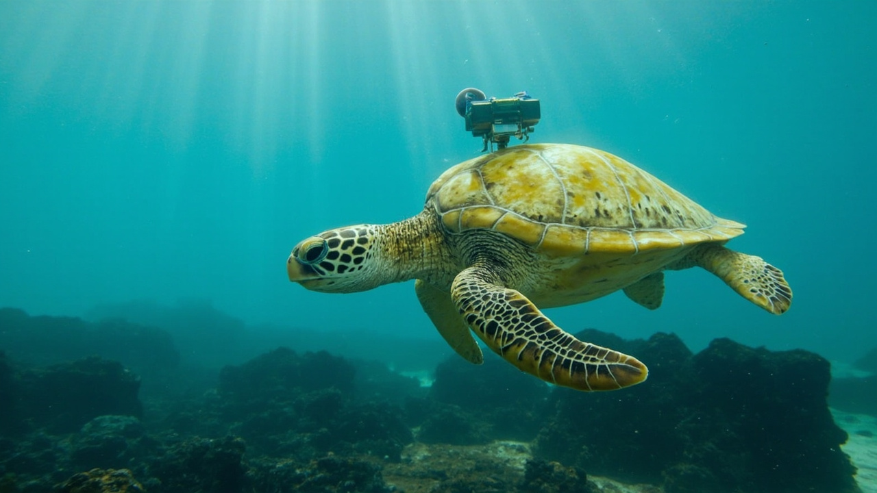 Imagen editorial generada por IA sobre Algunas tortugas marinas de Galápagos permanecen cerca de las islas en vez de migrar lejos.