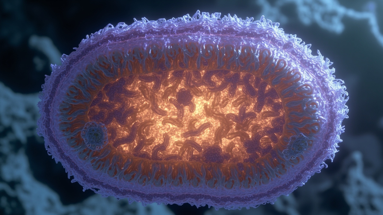 Ilustración editorial de un quiste de Toxoplasma con formas parasitarias en su interior.