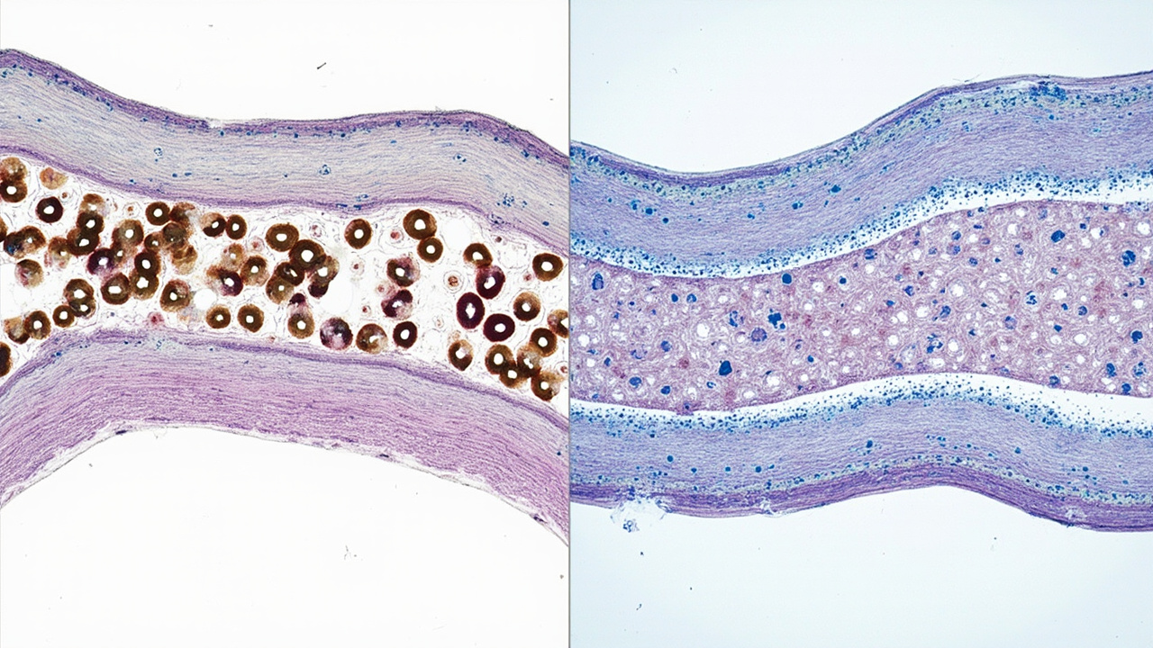 Dos microfotografías comparativas de cortes de tejido teñidos, separadas por una línea vertical.