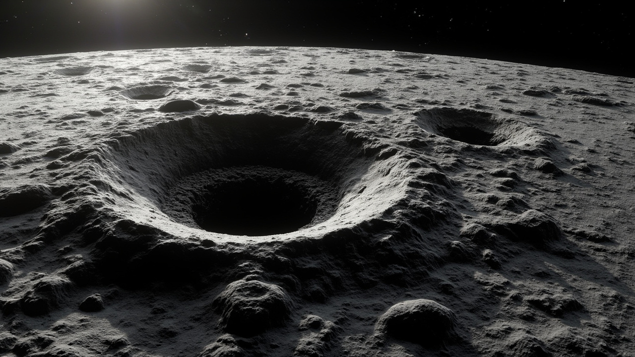 Imagen editorial generada por IA sobre Volcanes ocultos en la Luna dan nuevas pistas sobre su pasado turbulento.